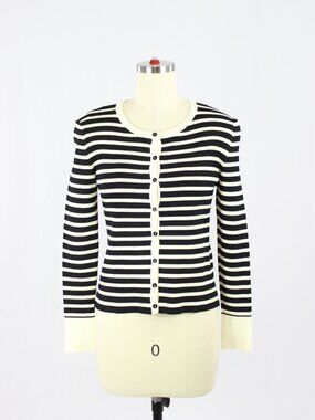 NWOT ZARA Black Ivory Striped Polyamide Ribbed Knit Cardigan Sweater, Size M